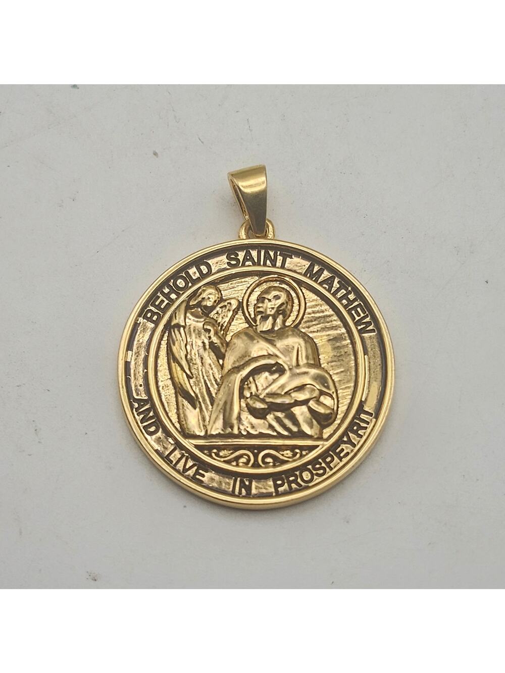 St Matthew Prosperity Medal Pendant Gold Tone Catholic Religious Charm 1.5x1.1"